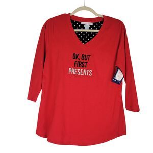 Pillow Talk Womens Pajama Top sz M Red Cotton Tunic "Ok, But First Presents" NWT